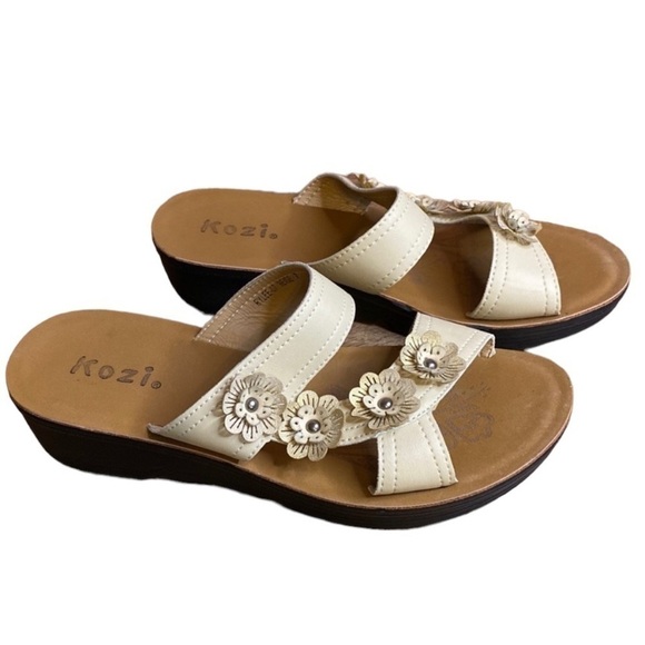 Kozi Slip On Slide Cream Floral Wedge Sandal Size 7 - Picture 1 of 10